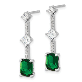 Sterling Silver RH-plated Fancy Green & White CZ Post Dangle Earrings