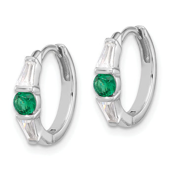 Sterling Silver Rhodium-plated Green/White CZ Hinged Hoop Earrings