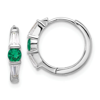 Sterling Silver Rhodium-plated Green/White CZ Hinged Hoop Earrings