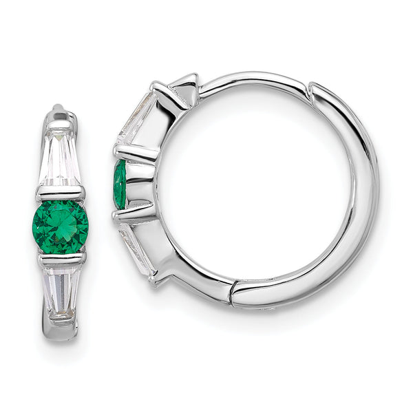 Sterling Silver Rhodium-plated Green/White CZ Hinged Hoop Earrings