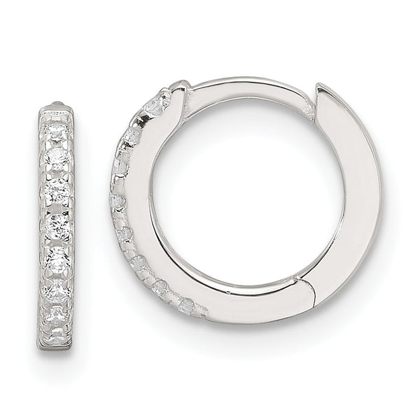 Sterling Silver E-Coating Polished CZ Hinged Hoop Earrings