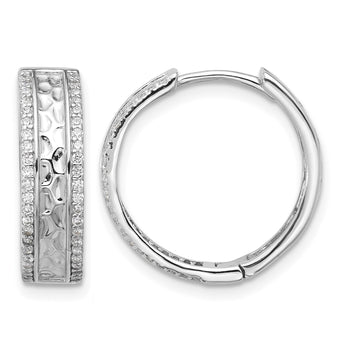 Sterling Silver Rhodium-plated Hammered Center CZ 5.5mm Hoop Earrings - Birthstone Company