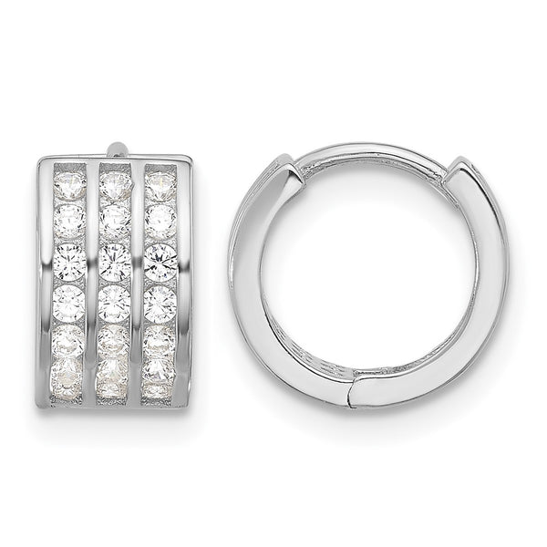 Sterling Silver Rhodium-plated 3 Row CZ Hinged Hoop Earrings - Birthstone Company