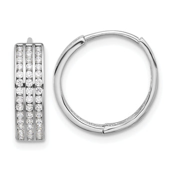 Sterling Silver Rhodium-plated 3 Row CZ Hinged Hoop Earrings