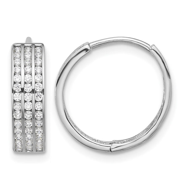 Sterling Silver Rhodium-plated 3 Row CZ Hinged Hoop Earrings - Birthstone Company