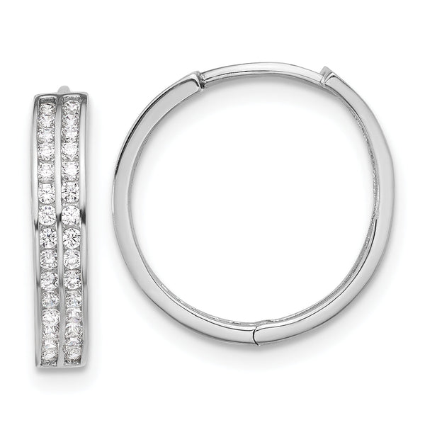 Sterling Silver Rhodium-plated 2 Row CZ Hinged Hoop Earrings