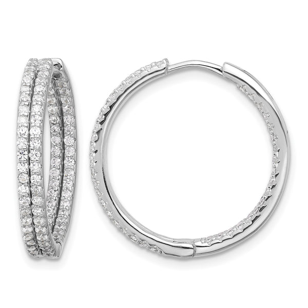 Sterling Silver Rhodium-plated Double Row CZ In and Out Hoop Earrings - Birthstone Company