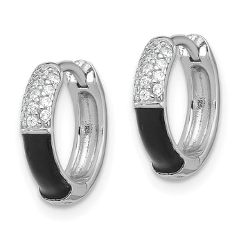 Sterling Silver Flash Platinum-plated CZ Black Enamel Hoop Earrings - Birthstone Company