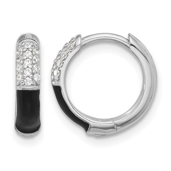 Sterling Silver Flash Platinum-plated CZ Black Enamel Hoop Earrings - Birthstone Company