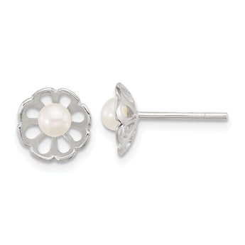 Sterling Silver Polished Flower Freshwater Cultured Pearl Post Earrings
