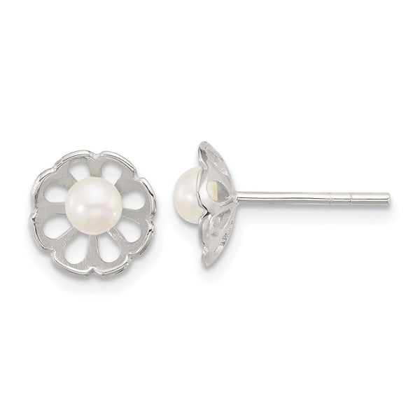 Sterling Silver Polished Flower Freshwater Cultured Pearl Post Earrings