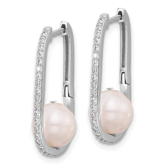 Sterling Silver RH-plated 8-8.5mm FWC Pearl and CZ Oval Hoop Earrings