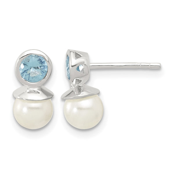 Sterling Silver Polished Blue CZ and 6-6.5mm Glass Pearl Post Earrings - Birthstone Company