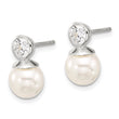 Sterling Silver Polished CZ and 8-8.5mm Glass Pearl Post Earrings