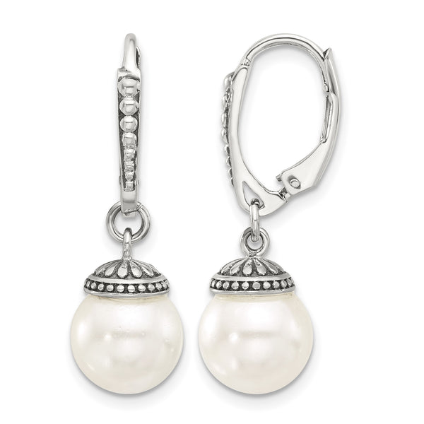 Sterling Silver Polished and Antiqued Syn. Pearl Leverback Dangle Earrings - Birthstone Company