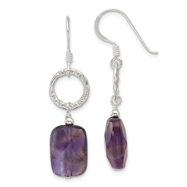 Sterling Silver Polished and Textured Faceted Amethyst Dangle Earrings