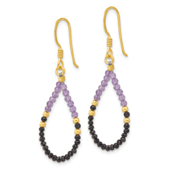 Sterling Silver Gold-pltd Amethyst/Black Spinel Teardrop Dangle Earrings