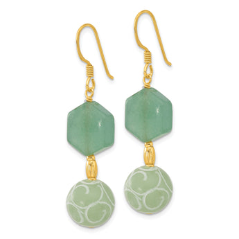 Sterling Silver Gold-pltd Hexagon Aventurine & Swirl Jade Dangle Earrings