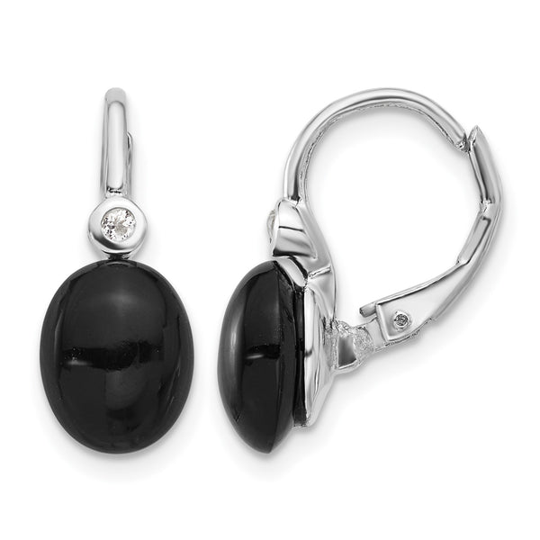 Sterling Silver RH-plated Polished Onyx & White Topaz Leverback Earrings - Birthstone Company