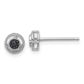 Sterling Silver RH-plated Polished/Beaded Black Spinel Circle Post Earrings