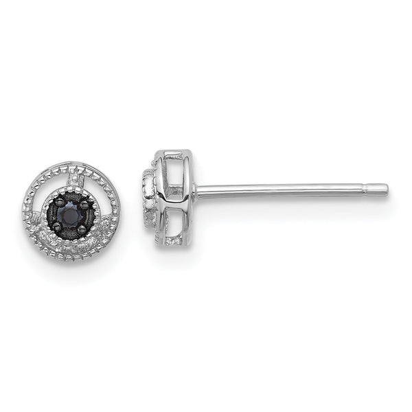 Sterling Silver RH-plated Polished/Beaded Black Spinel Circle Post Earrings