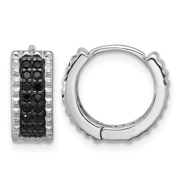 Sterling Silver RH-pltd Polished/Studded Black Spinel Hinged Hoop Earrings - Birthstone Company