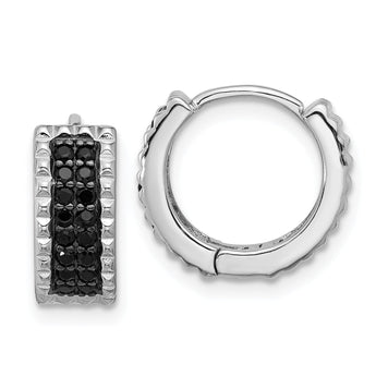 Sterling Silver RH-pltd Polished/Studded Black Spinel Hinged Hoop Earrings