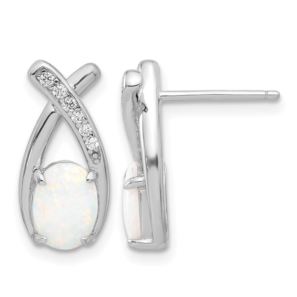 Sterling Silver Rhodium-plated Polished CZ & Created Opal 'X' Post Earrings - Birthstone Company