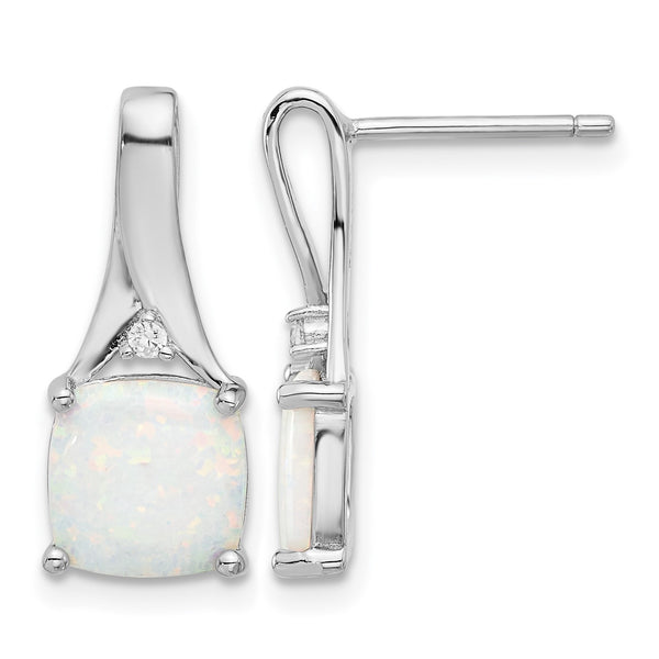 Sterling Silver Rhodium-plated Polished CZ & Created Opal Post Earrings - Birthstone Company