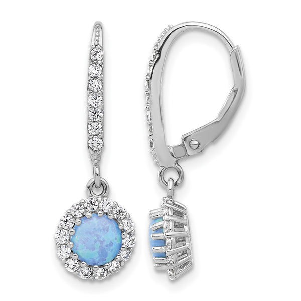 Sterling Silver RH-plated CZ & Blue Cr. Opal Halo Dangle Leverback Earrings - Birthstone Company