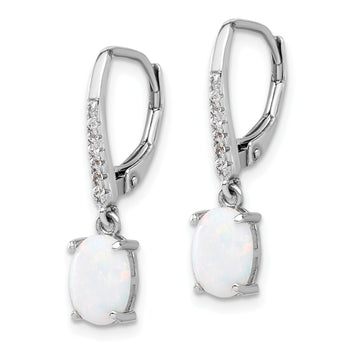 Sterling Silver RH-plated CZ & Oval Cr. Opal Leverback Dangle Earrings - Birthstone Company
