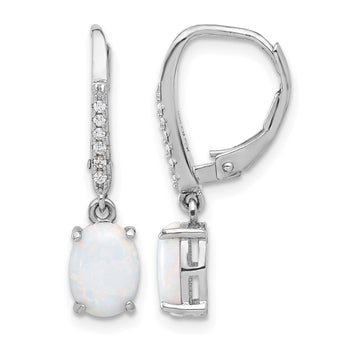 Sterling Silver RH-plated CZ & Oval Cr. Opal Leverback Dangle Earrings - Birthstone Company