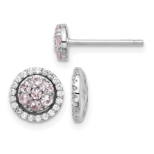 Sterling Silver RH-pltd Pink Crystal Cluster w/ CZ Halo Jacket Post Earring - Birthstone Company