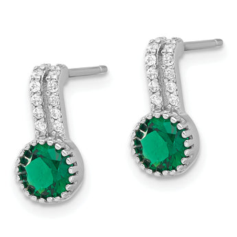 Sterling Silver RH-plated Polished Two Row Green/White CZ Post Earrings