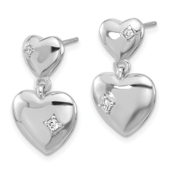 Sterling Silver Rhodium-plated Polished CZ Heart Dangle Post Earrings