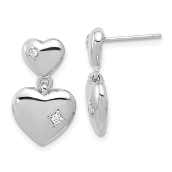 Sterling Silver Rhodium-plated Polished CZ Heart Dangle Post Earrings