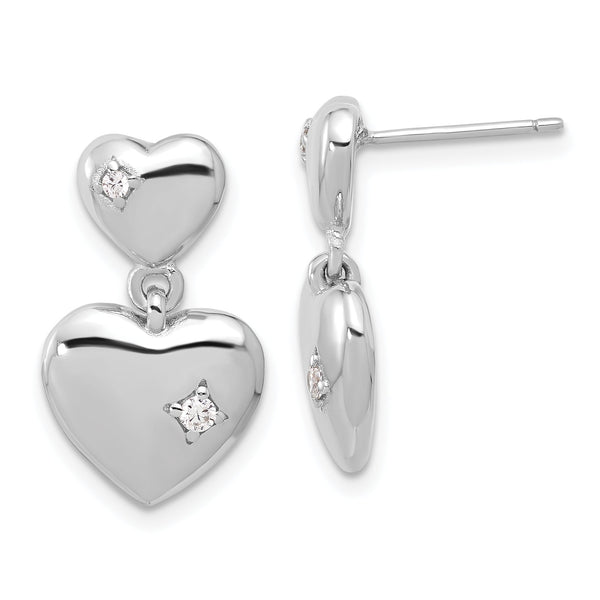 Sterling Silver Rhodium-plated Polished CZ Heart Dangle Post Earrings