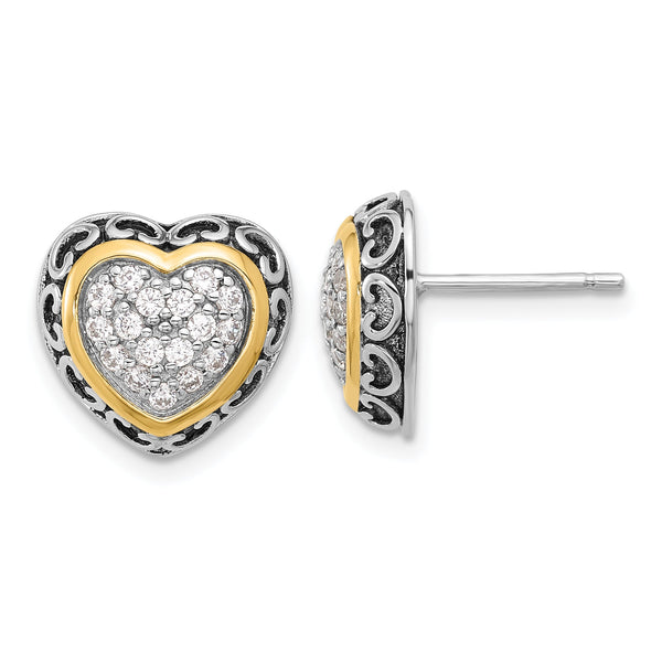 Sterling Silver Rh-plated  w/14k accent CZ Cluster Heart Post Earrings