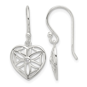 Sterling Silver E-coated with CZ Heart Shepherd Hook Dangle Earrings - Birthstone Company