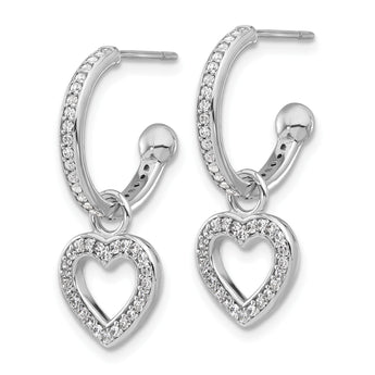 Sterling Silver Rhod-plated Polished CZ Dangle Heart Hoop Post Earrings - Birthstone Company