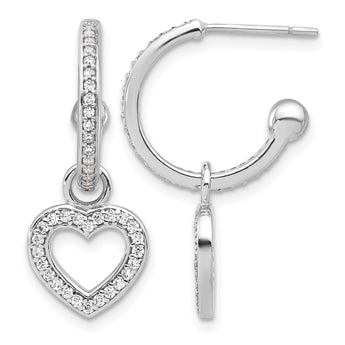 Sterling Silver Rhod-plated Polished CZ Dangle Heart Hoop Post Earrings - Birthstone Company