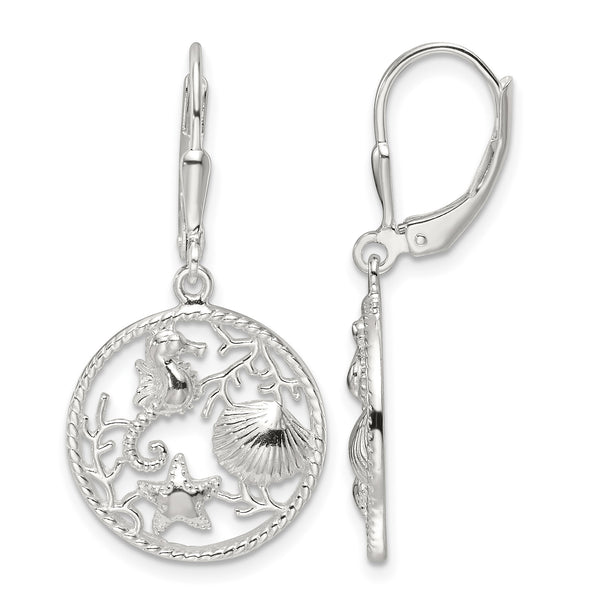 Sterling Silver Polished Sea Life Circle Dangle Leverback Earrings - Birthstone Company