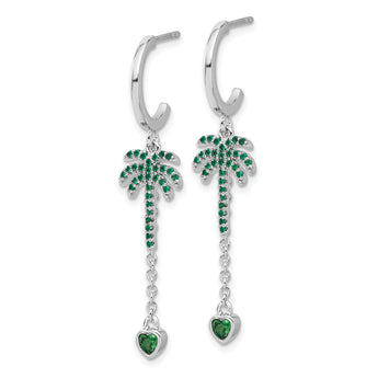 Sterling Silver Rhodium-plated Green CZ Palm Tree Heart Post Hoop Earrings
