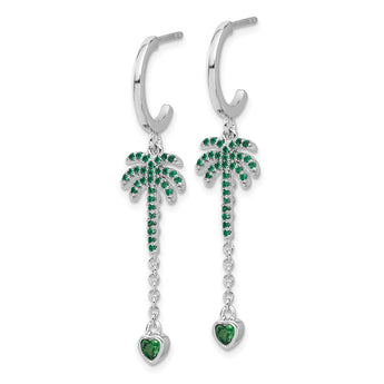 Sterling Silver Rhodium-plated Green CZ Palm Tree Heart Post Hoop Earrings - Birthstone Company