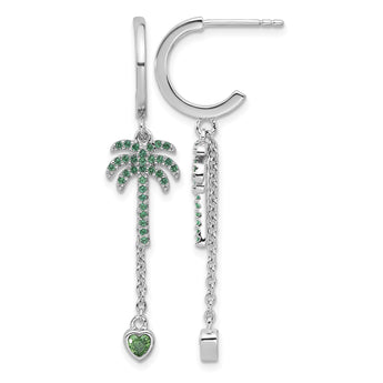 Sterling Silver Rhodium-plated Green CZ Palm Tree Heart Post Hoop Earrings - Birthstone Company