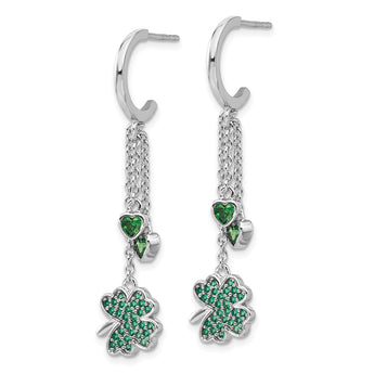 Sterling Silver Rhodium-plated Green CZ Clover Heart Post Hoop Earrings - Birthstone Company