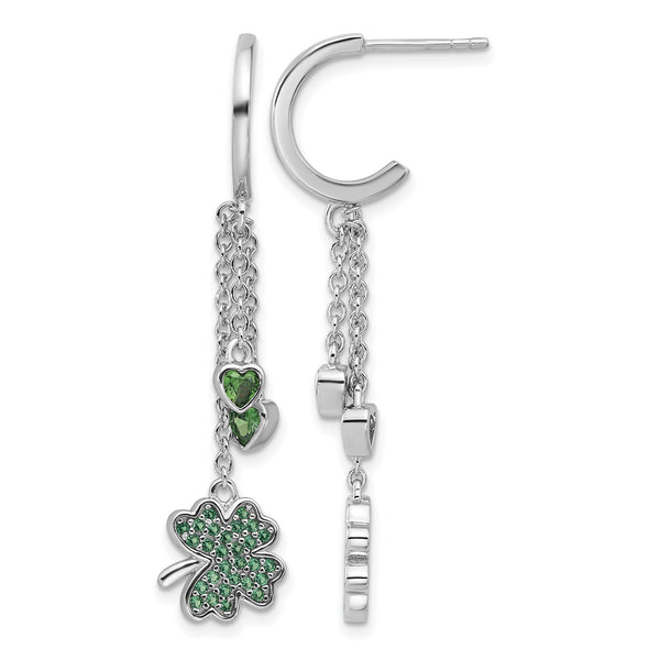 Sterling Silver Rhodium-plated Green CZ Clover Heart Post Hoop Earrings - Birthstone Company