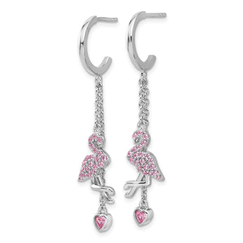 Sterling Silver Rhodium-plated Pink CZ Flamingo Heart Post Hoop Earrings