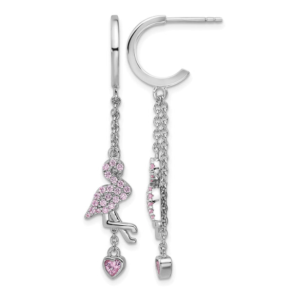 Sterling Silver Rhodium-plated Pink CZ Flamingo Heart Post Hoop Earrings - Birthstone Company
