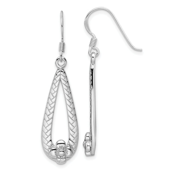 SS Rhod-Plated Polished Textured Teardrop w/Flower Dangle Earrings